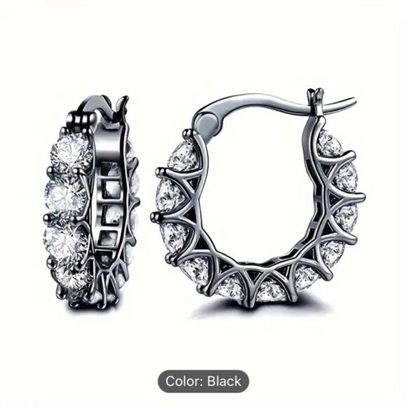 ✨🆕✨ Elegant Silver Plated Zircon Hoop Earrings ✨Avail in Black✨LAST PAIR ✨ - Picture 4 of 12